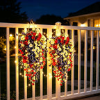 2 PCS Patriotic Hanging Flower Baskets with LED Lights, Red White and Blue Artificial Flowers for Outdoor Porch Decor, UV Resistant Faux Flowers for 4th of July, Memorial Day Garden Patio Decor