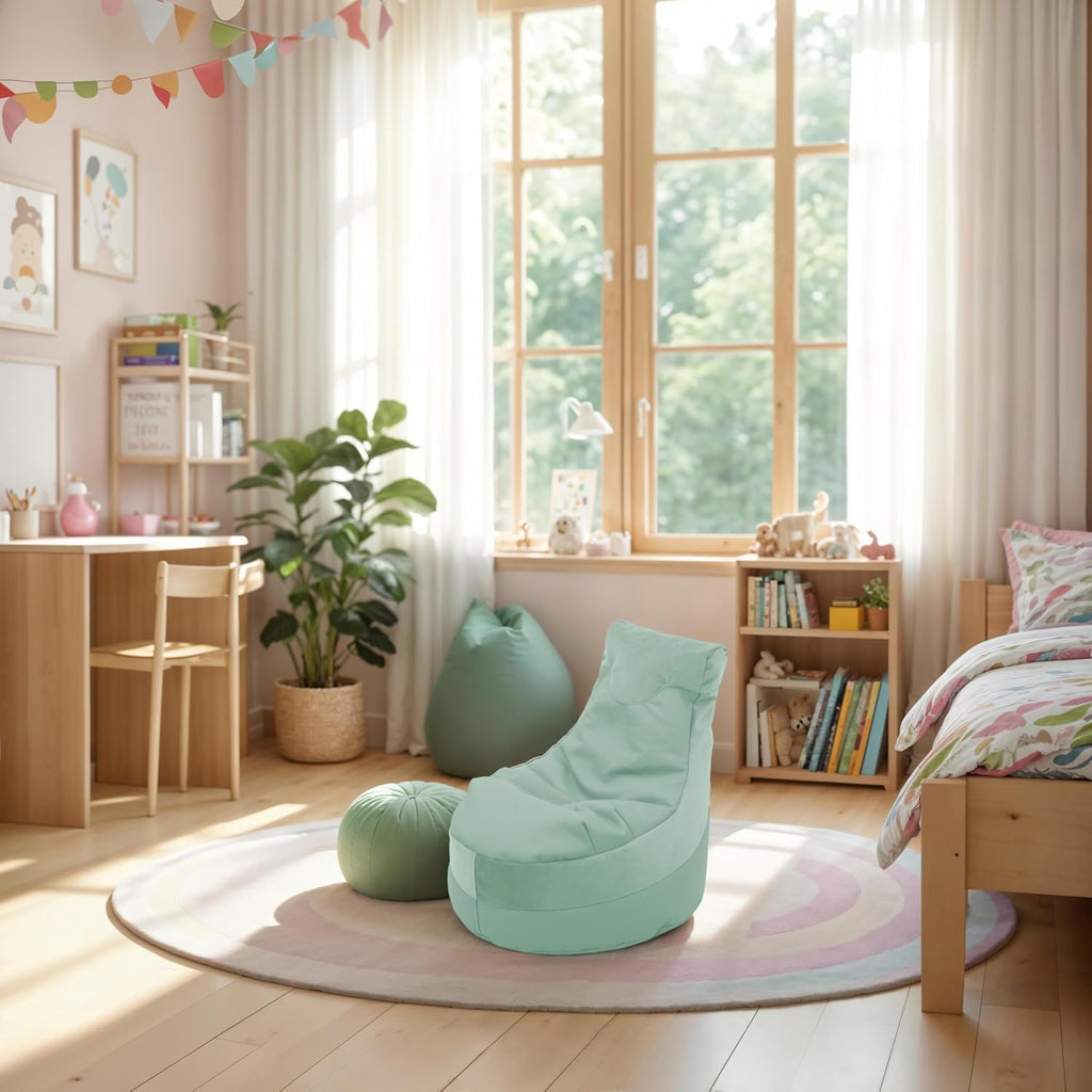 FDP Velvet and Vinyl Trendy Bean Bag, Children's Furniture for Bedroom, Playroom, Daycare, Preschool or Classroom, 2-Pack - Aloe