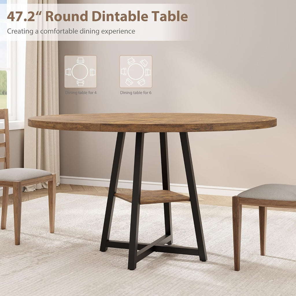 GAOMON 47" Round Dining Table for 4-6 People, Wooden Circle Kitchen Table with Storage Shelf, Industrial Dining Room Table for Kitchen, Dining Room, Save Space