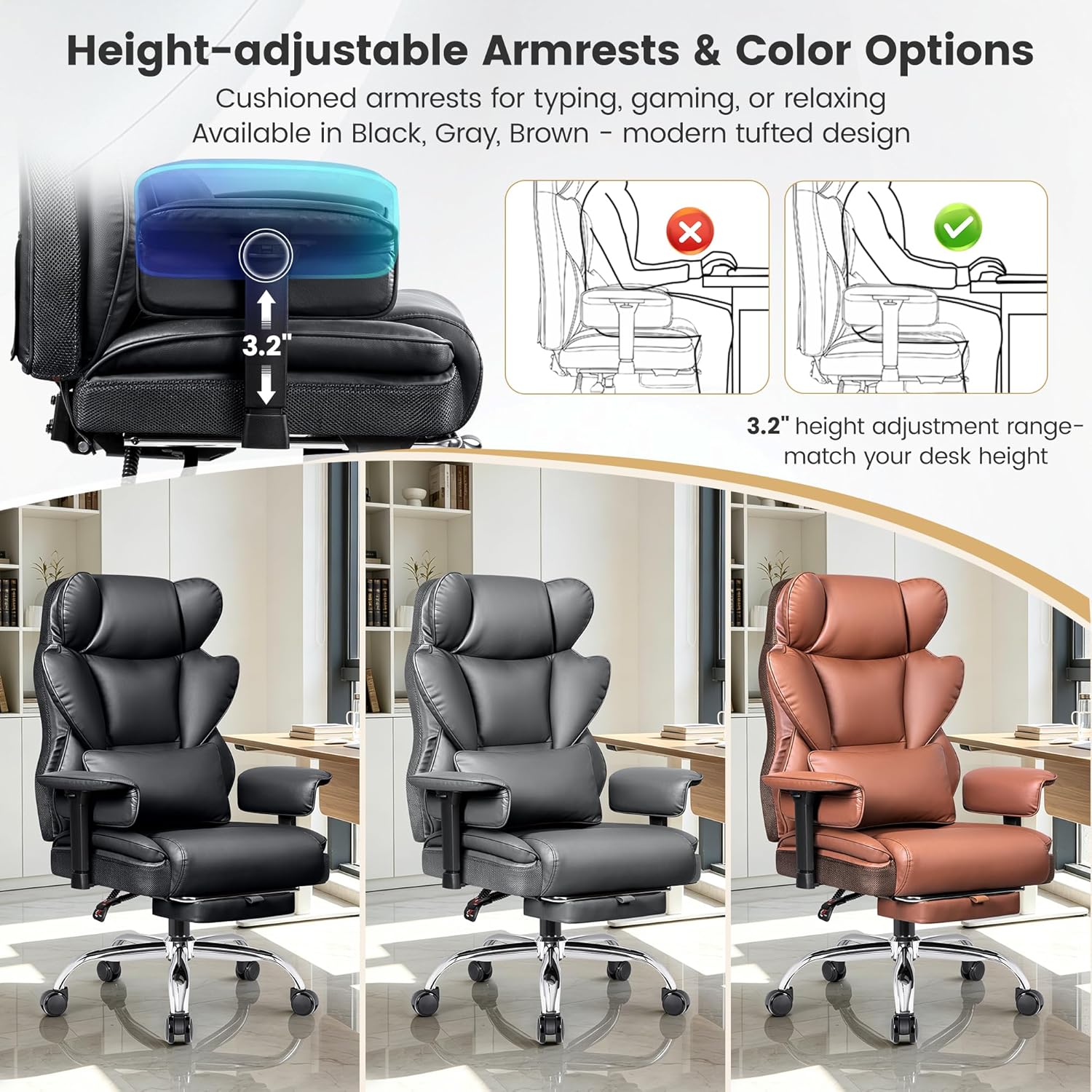 Big & Tall Office Chair 400 lbs – 21.3" Wide Seat High Back Ergonomic Executive Chair with Retractable Footrest, Heavy Duty Computer Gaming Chair for Heavy People, Black