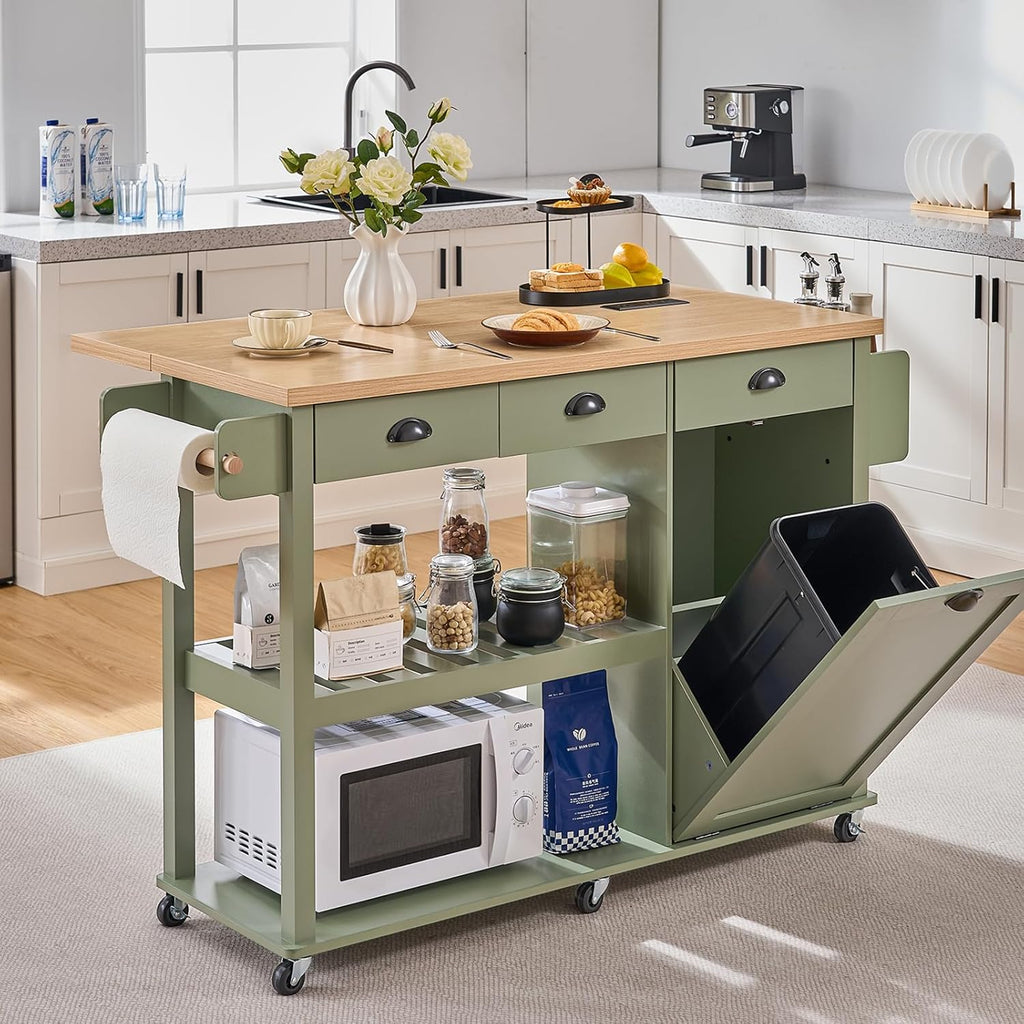 ONBRILL 56" Kitchen Island with Drop Leaf, Rolling Kitchen Cart with Trash Cabinet, Power Outlet, 2-Tier Open Shelves, 3 Drawers, Spice & Paper Towel Racks, 6 Wheels (4 Locking) for Dining Room, Green