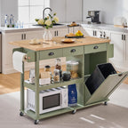 ONBRILL 56" Kitchen Island with Drop Leaf, Rolling Kitchen Cart with Trash Cabinet, Power Outlet, 2-Tier Open Shelves, 3 Drawers, Spice & Paper Towel Racks, 6 Wheels (4 Locking) for Dining Room, Green