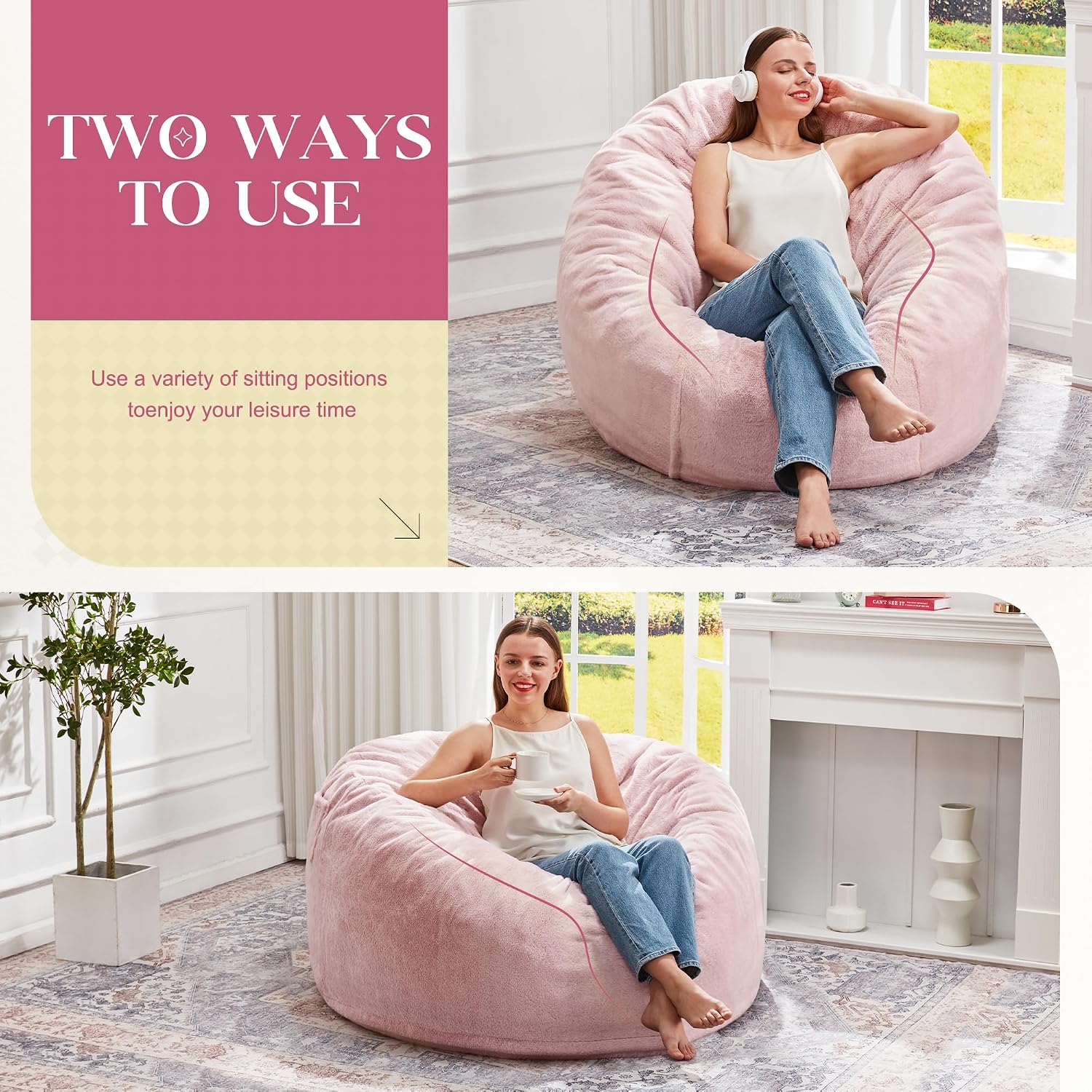 Hobestluk Bean Bag Chair for Adult Giant Beanbag with Filler Pink 3FT | Breathable Material Removable Machine Washable Cover Memory Foam Living Room Bedroom Reading Gaming Oversized Large Big