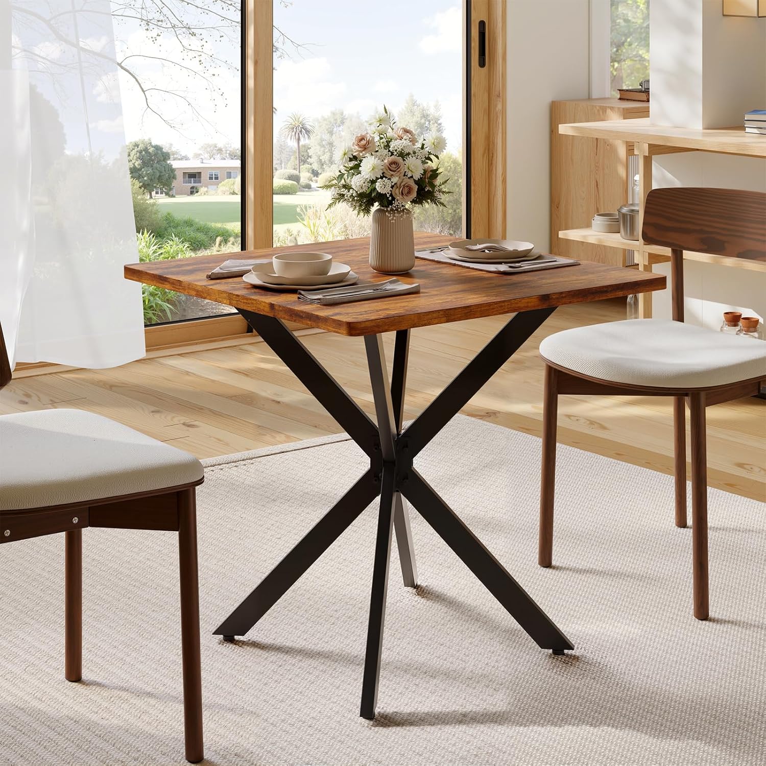 Unovivy 31.5" Small Square Dining Table for 2-4, Space Saving Kitchen Dinner Table, Industrial Compact Modern Dining Room Desk for Kitchen, Apartment, Rustic Brown