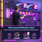 Korfile 48 Inch Gaming Desk with LED Lights & Power Outlets,Computer Desk with Fabric Drawers & Side Hook,Reversible Gamer Table with Monitor Stand for Game Room,Home Office,Carbon Fiber Black