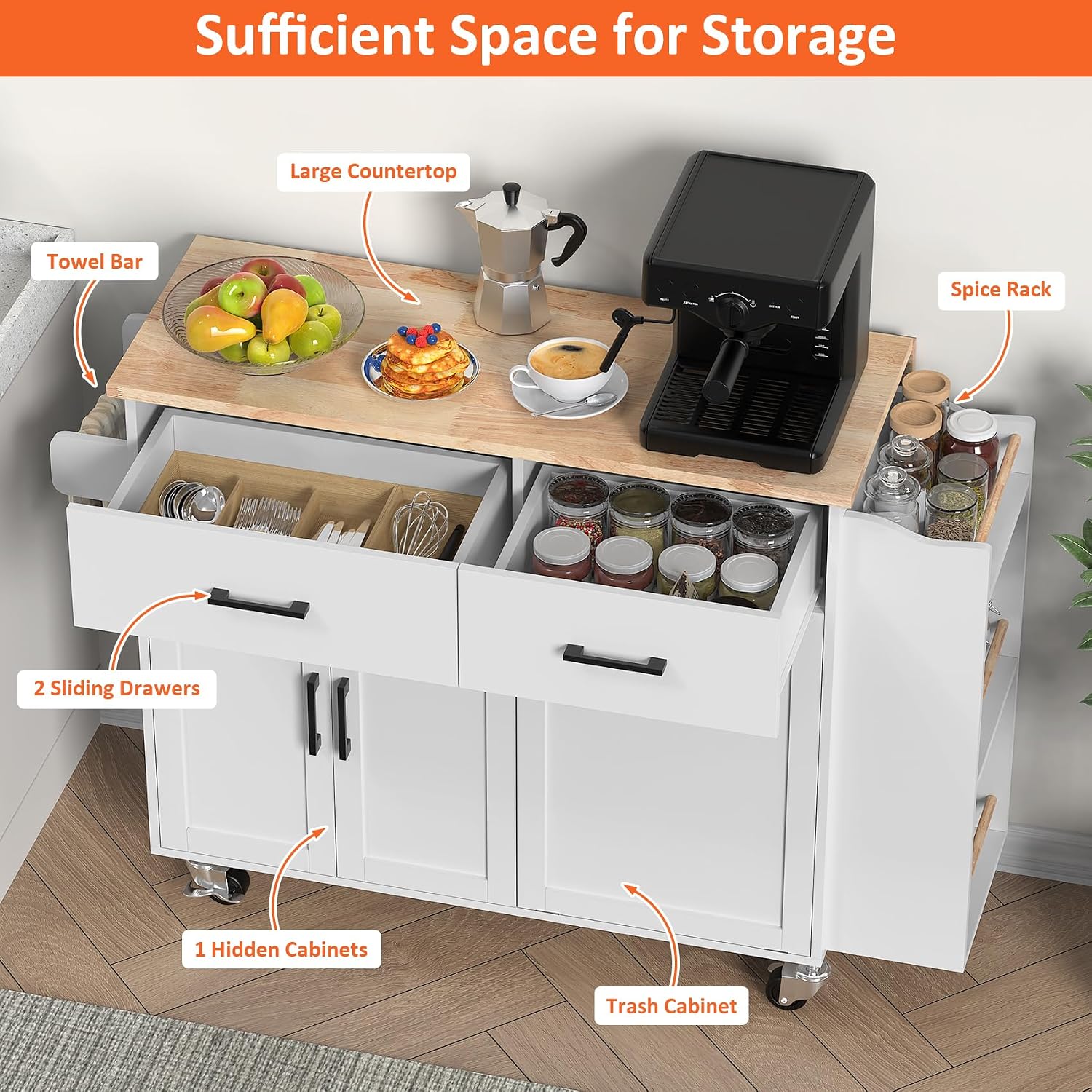 Bigbiglife Kitchen Island with Storage, 39.8" Rolling Kitchen Island Cart with Drop Leaf & Storage - Mobile Kitchen Organizer with Wheels, Rubberwood Top, Trash Can Cabinet & Towel Rack, White