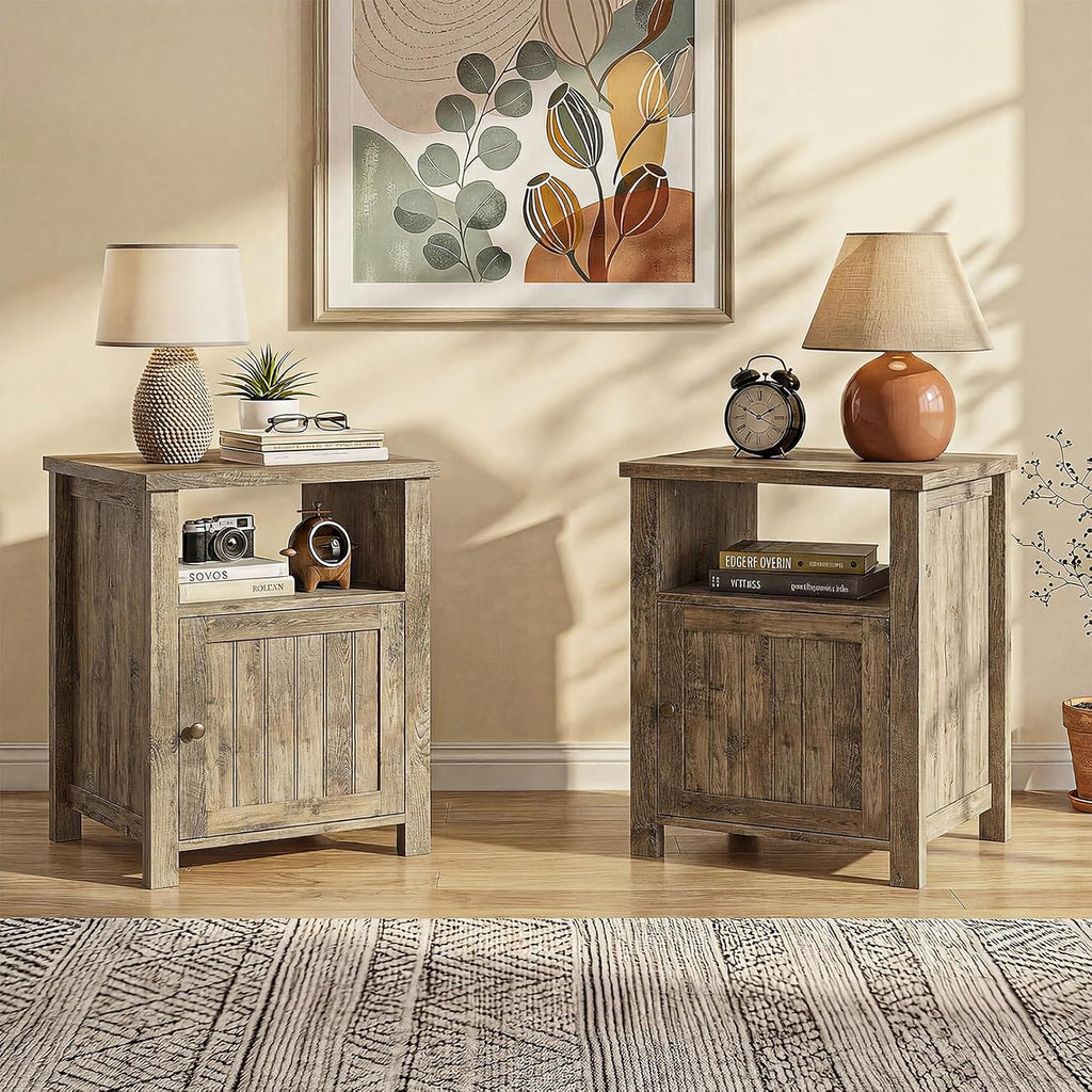 ChooChoo Farmhouse Nightstands with Storage | End Table Set of 2, Open Shelf, Rustic Bedside Table Set of 2 for Bedroom, Wash Gray