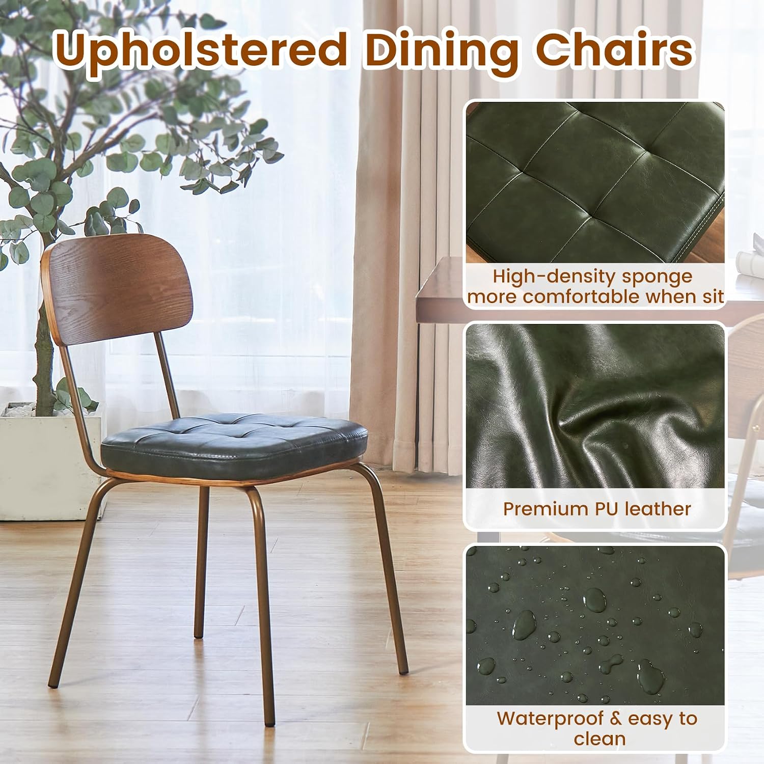 Dining Chairs Set of 4, Upholstered Mid-Century Faux Leather Cushion Seat & Metal Legs with Wood Backrest Easy Assembly Stackable Chairs for Living Room, Kitchen, Restaurant - Dark Green