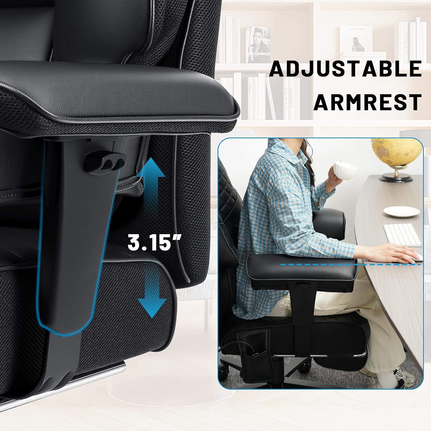 HOFFREE 500lbs Big and Tall Office Chair for Heavy People Executive Desk Chair with Adjustable Lumbar Support Comfy Wide Office Chair,Adjustable Padded Armrest,PU Leather,Black