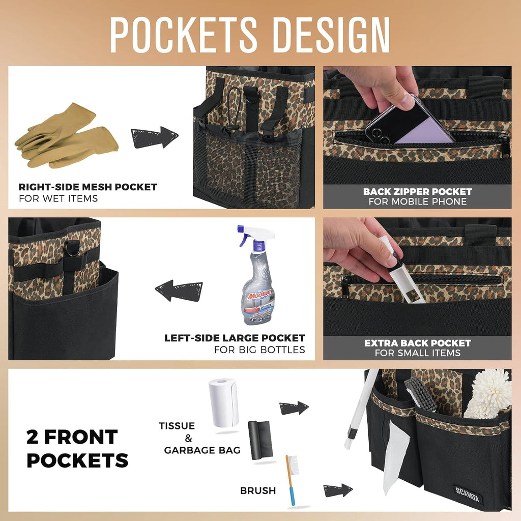 SCAVATA Compact Wearable Cleaning Caddy, Small Cleaning Supplies Organizer with Handle & Shoulder Straps for Housekeepers, under Sink & Car Cleaning Tool Organizers Bag (Leopard)
