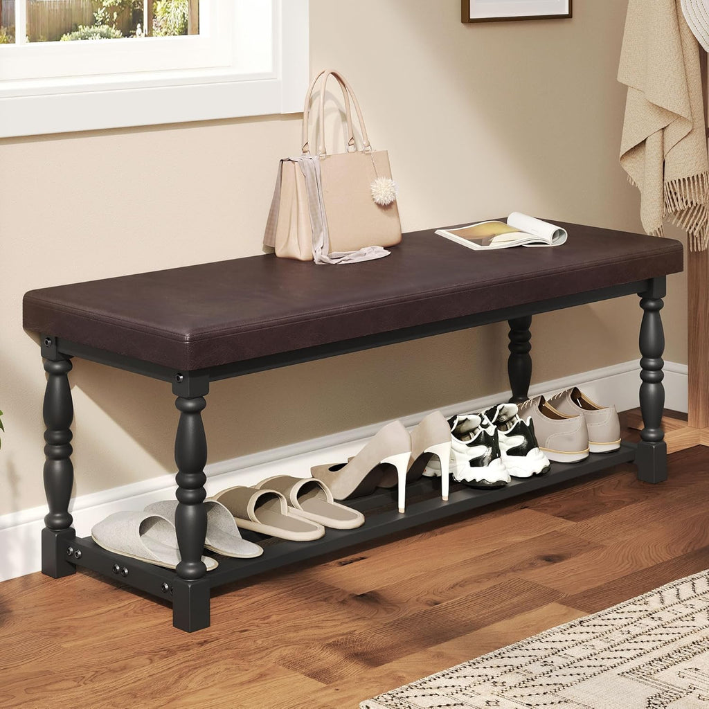 YITAHOME 48 Inch Entryway Bench, Storage Bench with Metal Shelf & Cushioned Seat, Indoor Shoe Rack Bench Seat for Dressing Room, Bedroom, Hallway, Entrance, Brown & Black