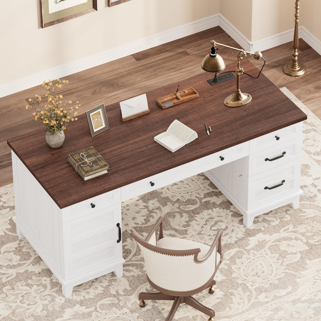 Garvee 60" Wooden Home Office Desk with File Drawers, Executive Desk with Adjustable Cabinet, Farmhouse Wood Desk with Power Outlet, Distressed Study and Work Table, Rustic White