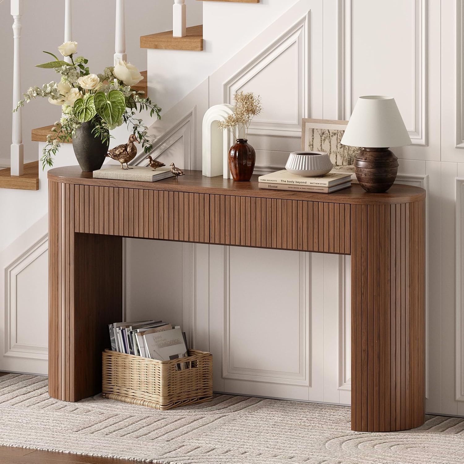 55 Inch Console Table with 2 Drawers, Fluted Entryway Tables with Storage, Sofa Table Behind The Couch, Hallway Tables, Mid-Century Modern Foyer Table for Entryway, Hallway, Living Room, Walnut