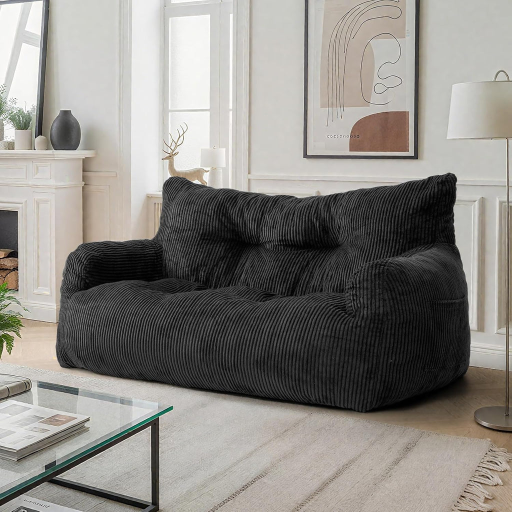 59" Bean Bag Chair,2 Seat Loveseat Sofa,Corduroy Lazy Sofa Bed for Adults,Fit Living Room, Bedroom,Outdoor Spaces,Ultra Soft Dutch Velvet,Fluffy Comfort Washable Cover,72h Rebound,Black
