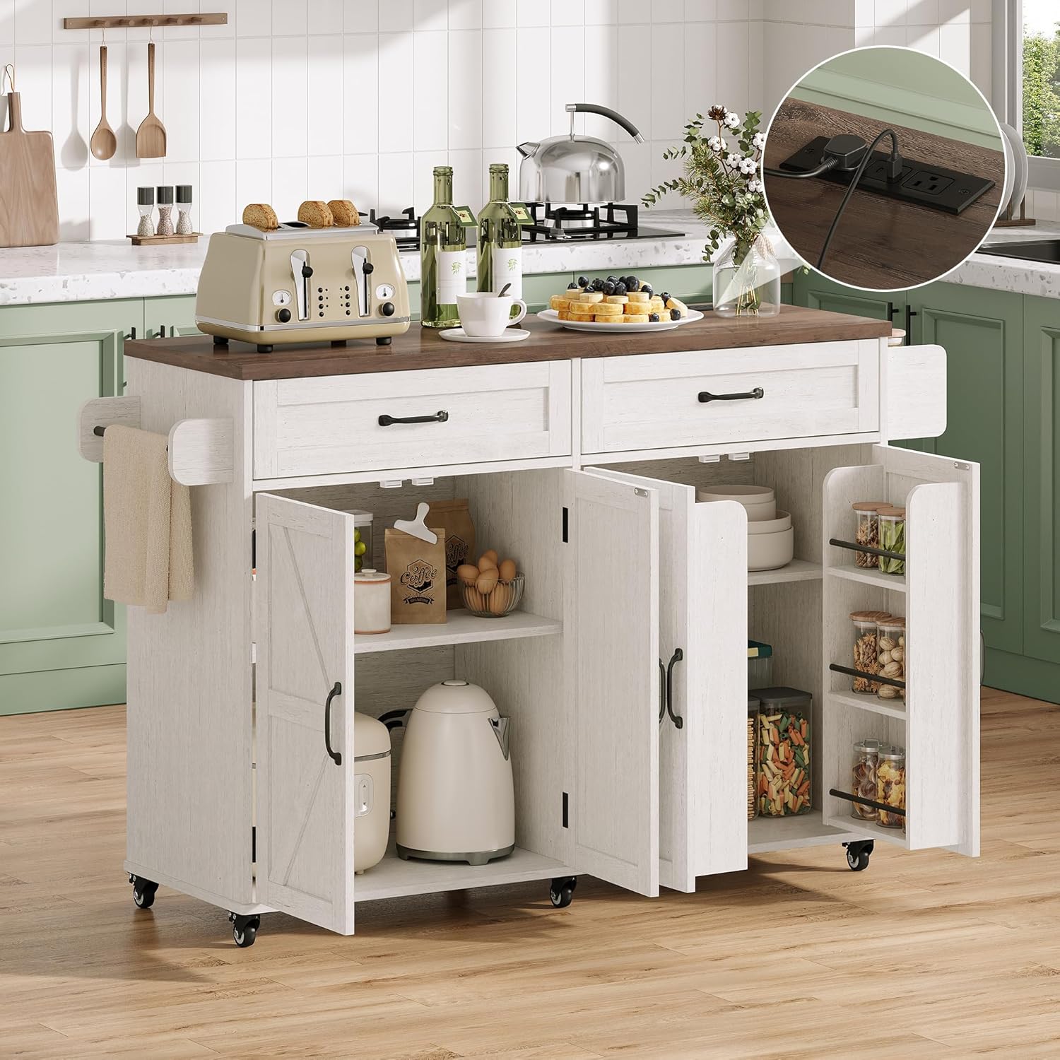 Mobile Kitchen Island, Kitchen Island Cart with 2 Drawers and Charging Station, Island Table for Kitchen, Home Bar Carts with Storage, Kitchen Rolling Island with Spice Rack and Towel Rack,White