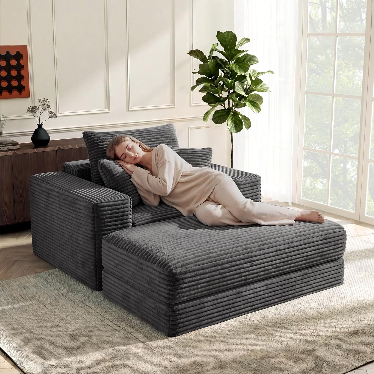Busaurus 60'' Oversized Chaise Lounge Chair Indoor with Ottoman, Convertible Boneless Sofa Bed & Corduroy Reading Chair for Living Room & Bedroom, No Assembly Required