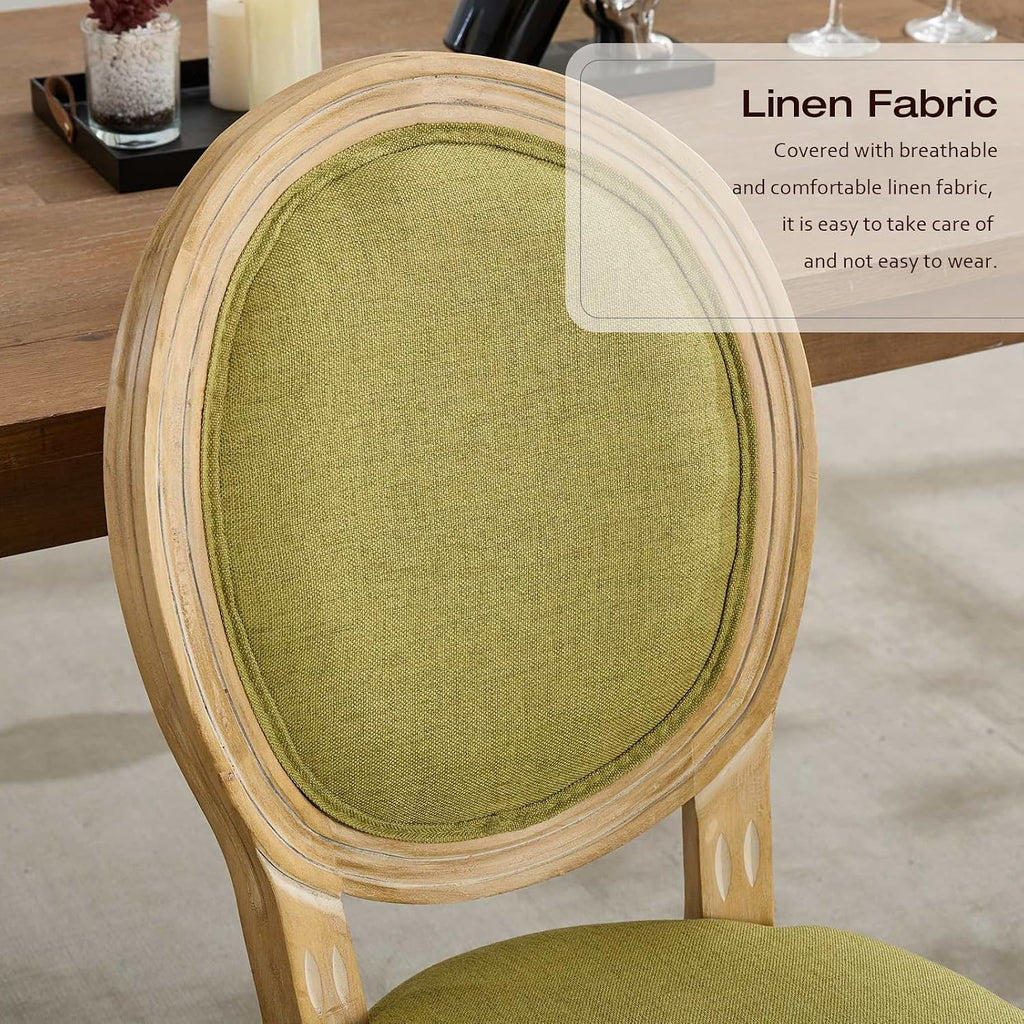 Linen Upholstered Dining Chairs Set of 2 French Country Oval Fabric Back Kitchen Side Chair with Wood Legs for Dining Room, Kitchen, Restaurant(Olive Green-Fabric)