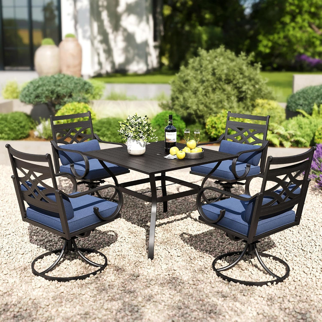 PHI VILLA 37 Inch Outdoor Dining Table Metal Steel Slat Square Patio Dining Table with 1.57" Umbrella Hole for Garden, Backyard and Porch (Classic Black)