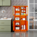 67" Tall Metal Pantry Cabinet with Microwave Stand,Microwave Storage Cabinet with 2 Doors & 3 Adjustable Shelves for Kitchen (2 Glass Doors-Orange, 11.81" D x 15.75" W x 66.93" H)