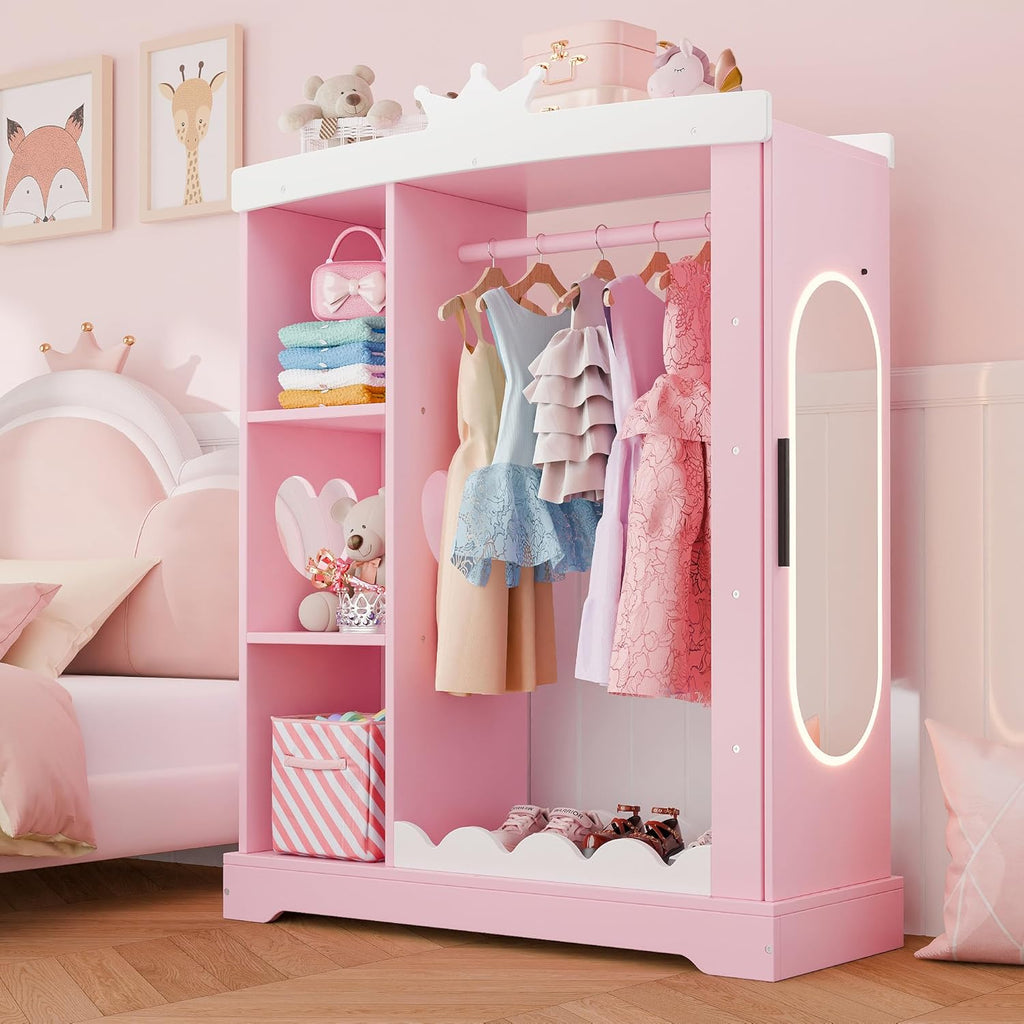Xilingol Kids Armoire with Jewelry Cabinet, Dress up Storage with Mirror and Shelves, Princess Dress Closet and Costumes Wardrobe Closet, Costume Organizer for Bedroom, Kids Room, Girls (Pink)