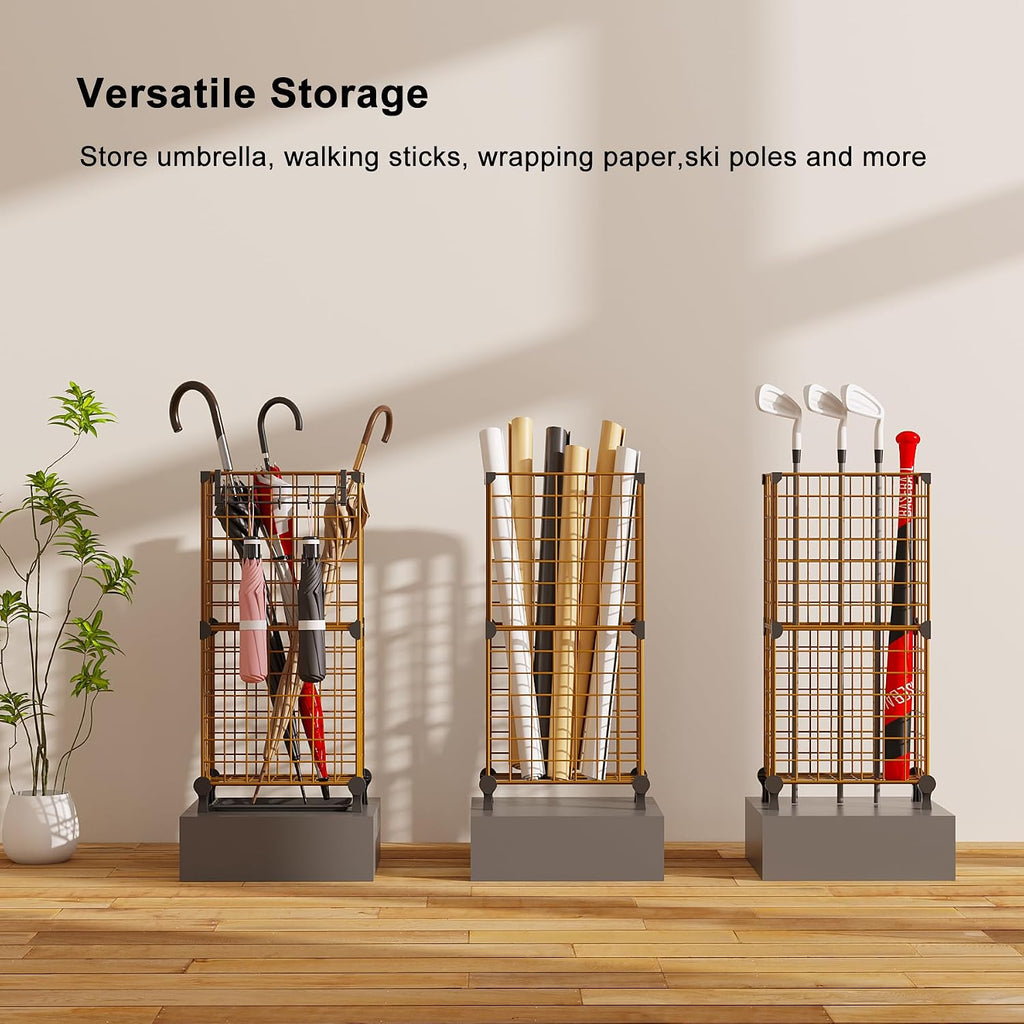 AWTATOS Umbrella Holder Entryway, Umbrella Stand Freestanding, Brown | Metal Square Umbrella Rack Organizer with a Removable Drip Tray, Hooks