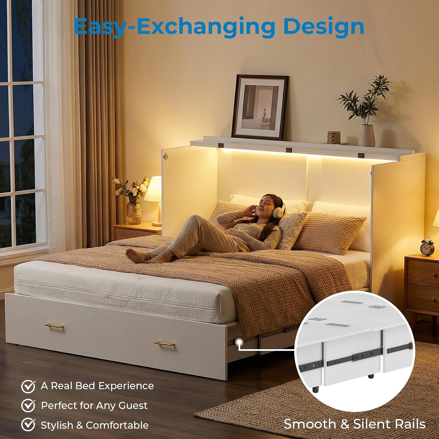 Mjkone 63.4" Width Queen Size Murphy Bed Cabinet with Tri-Folding Mattress Included, Storage Cabinet Murphy Guest Bed Chest Cabinets with 16 Colors of LED Lights for Home Offices Small Space, White
