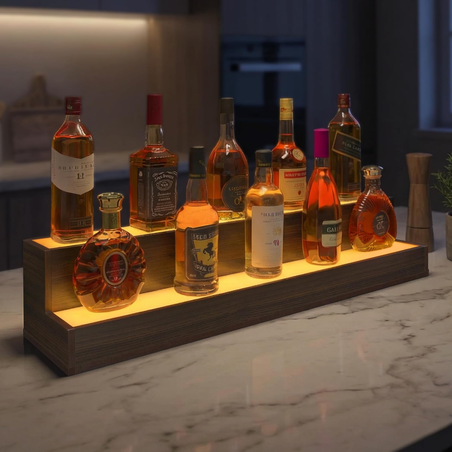 Cubehom LED Liquor Display Shelf, Freestanding Bar Cabinet with 2-Tier Adjustable Glass Shelves, Modern Floor Standing Wine & Spirit Storage Rack for Home Bar, Restaurant