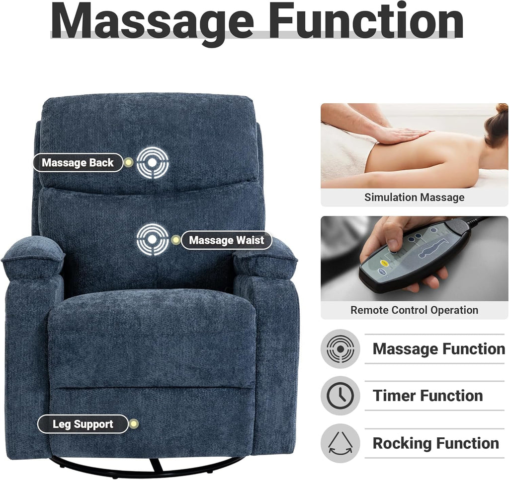 360° Swivel Rocking Recliner Chair, Massage Lazy Boy Recliner, Small Spaces Recliner for Living Room, Bedroom and Nursery, Navy Blue Chenille