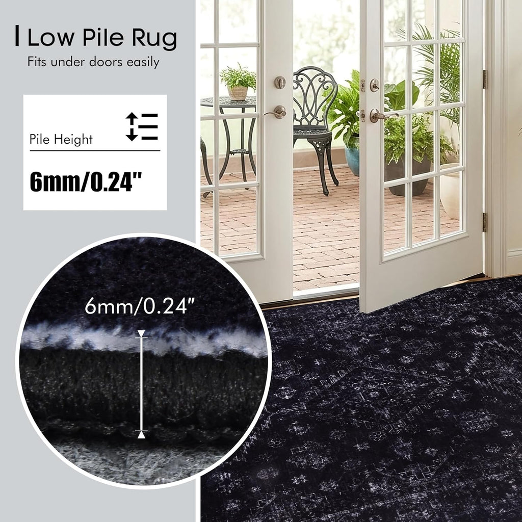 8x10 Area Rugs for Living Room, Machine Washable Rugs, Black Modern Neutral Rug Stain Resistant, Low Pile Non Slip, Boho Large Carpet for Bedroom Dining Room Nursery Dorm Indoor Office-Black 8'x10'