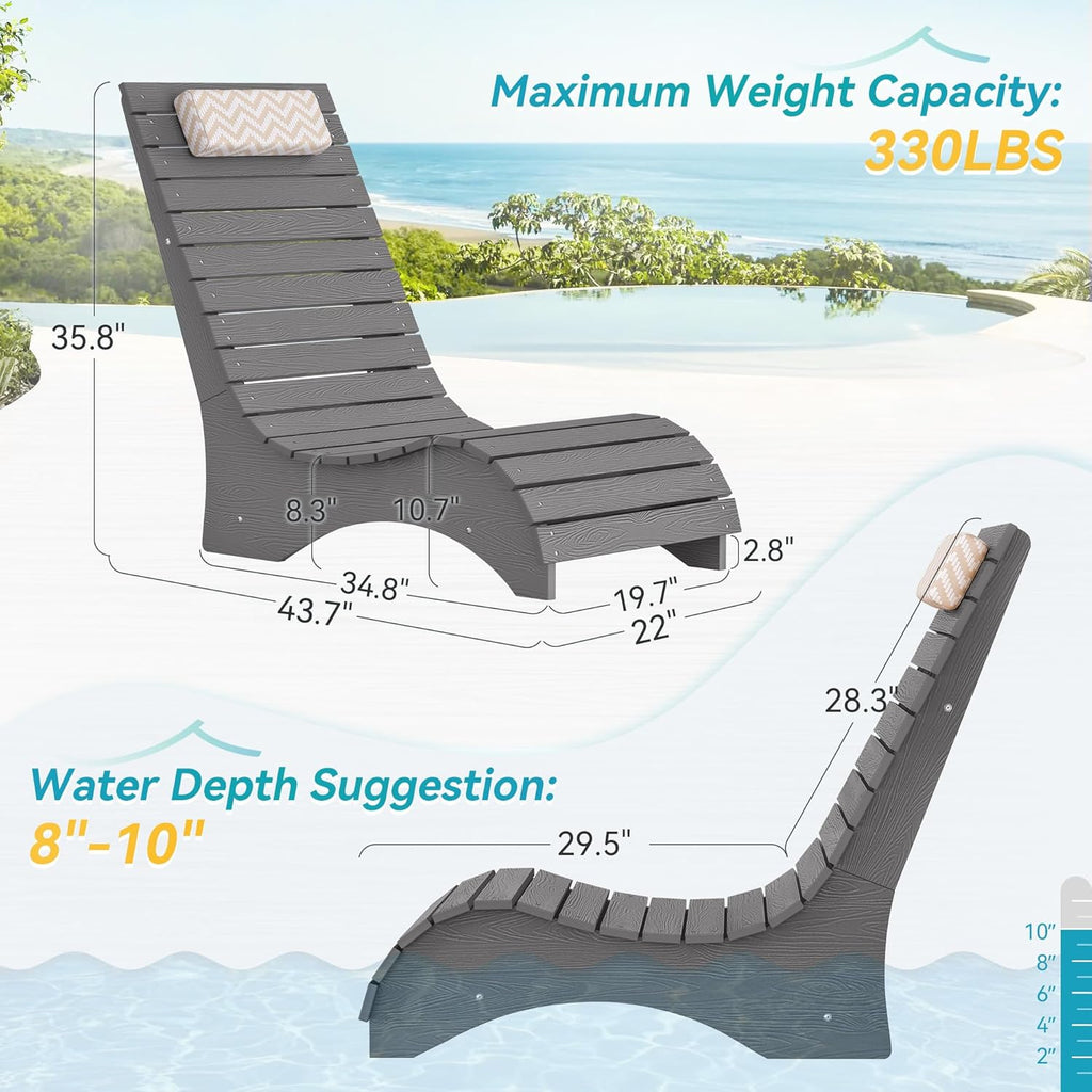 HDPS Pool Lounge Chairs Set of 2, Use in Pools Lounge Chairs up to 10-Inches of Water, Chaise Chairs with Headrest, Lounge Chair Outdoor, Fade-Resistant Pool Lounger for Deck