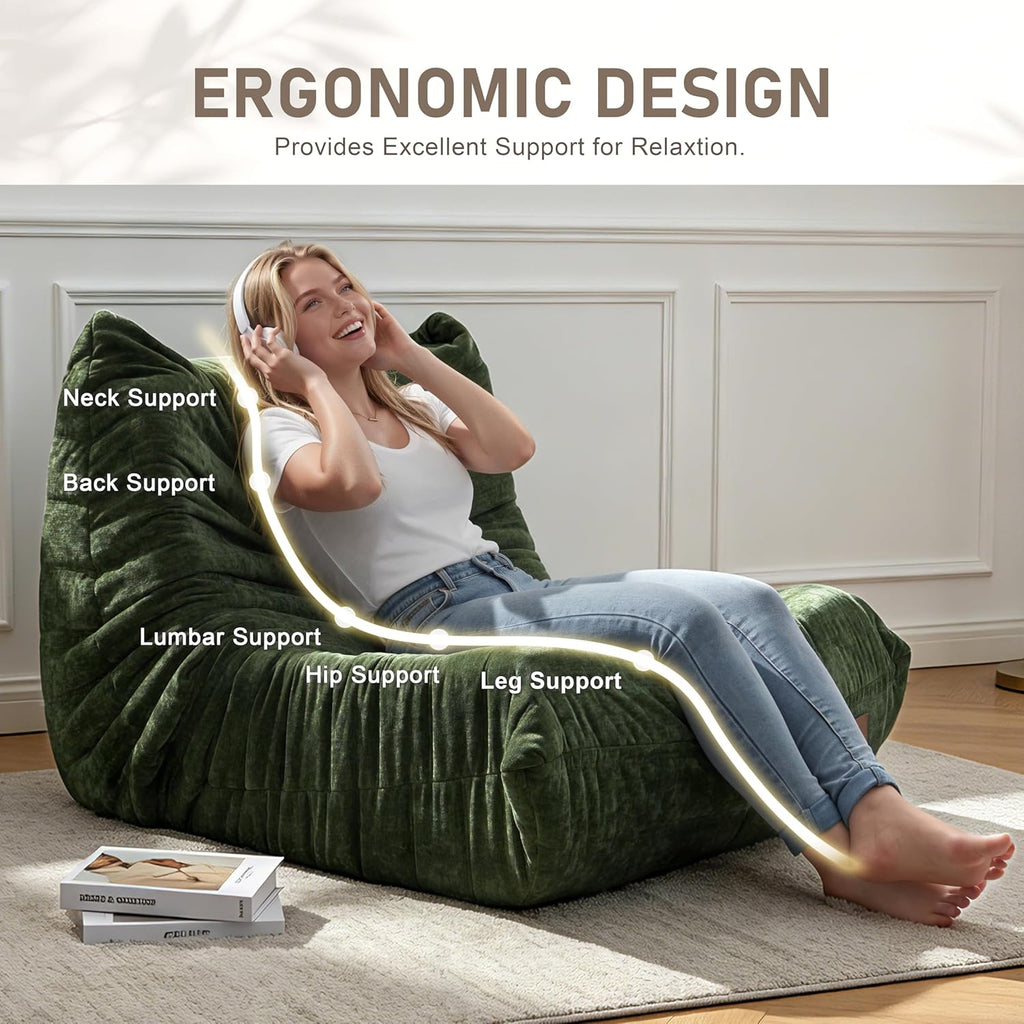 ZurNesfure Bean Bag Chair, Large Beanbag Chair for Adults with Memory Foam, No Assembly Fluffy Bean Bag for Gaming Reading Living Room Bedroom Dorm, Non-Slip Bottom, CHENILLEGREEN