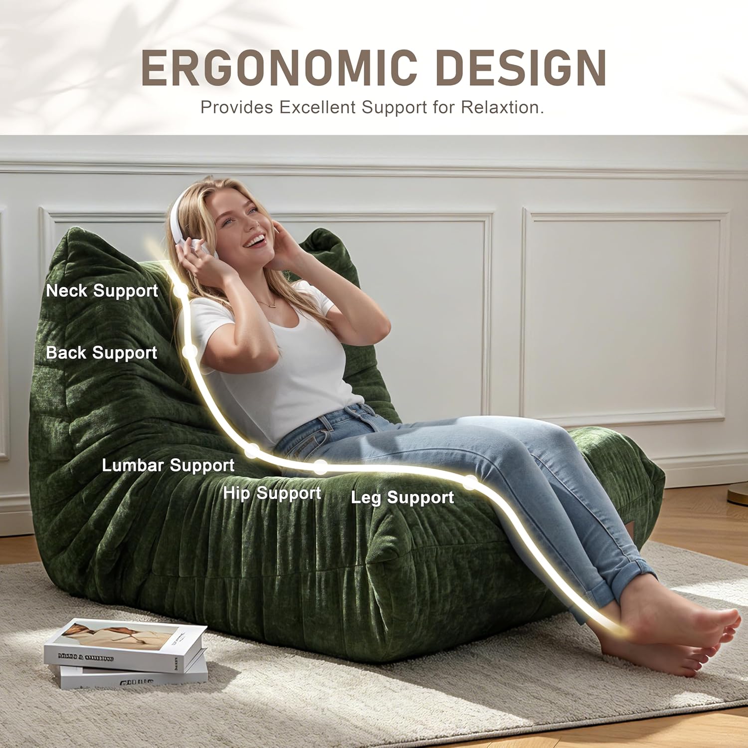 ZurNesfure Bean Bag Chair, Large Beanbag Chair for Adults with Memory Foam, No Assembly Fluffy Bean Bag for Gaming Reading Living Room Bedroom Dorm, Non-Slip Bottom, CHENILLEGREEN