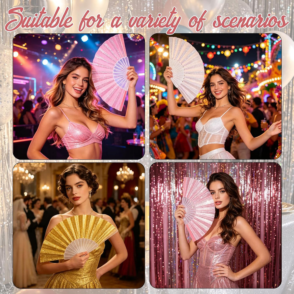 24 Pcs Folding Hand Fans for Dancing,Glitter Handheld Fans, Folding Fans Bulk, for Wedding, Festival, Dance, Tea Party, Club, EDM Decoration(Mixed Colors(Gold+Silver+Pink))