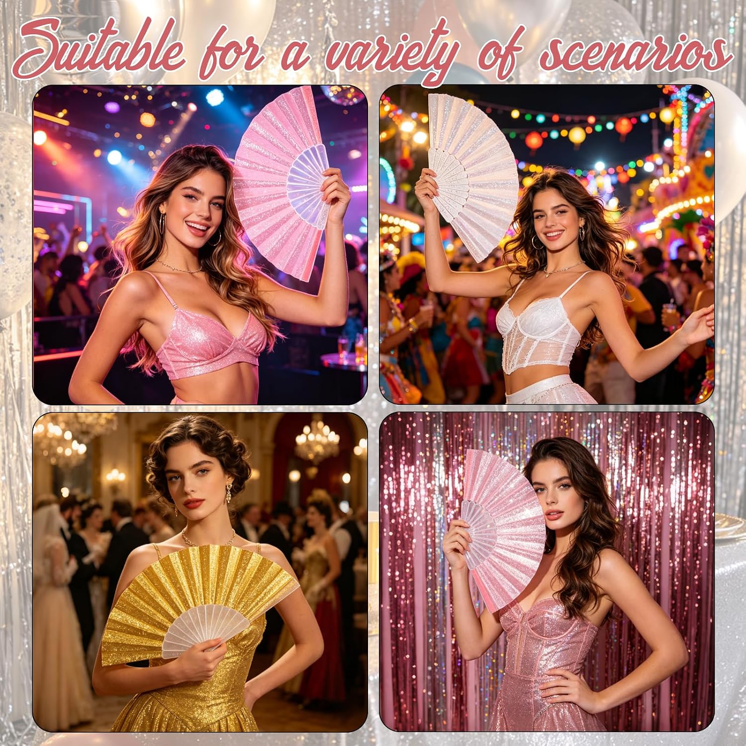 24 Pcs Folding Hand Fans for Dancing,Glitter Handheld Fans, Folding Fans Bulk, for Wedding, Festival, Dance, Tea Party, Club, EDM Decoration(Mixed Colors(Gold+Silver+Pink))