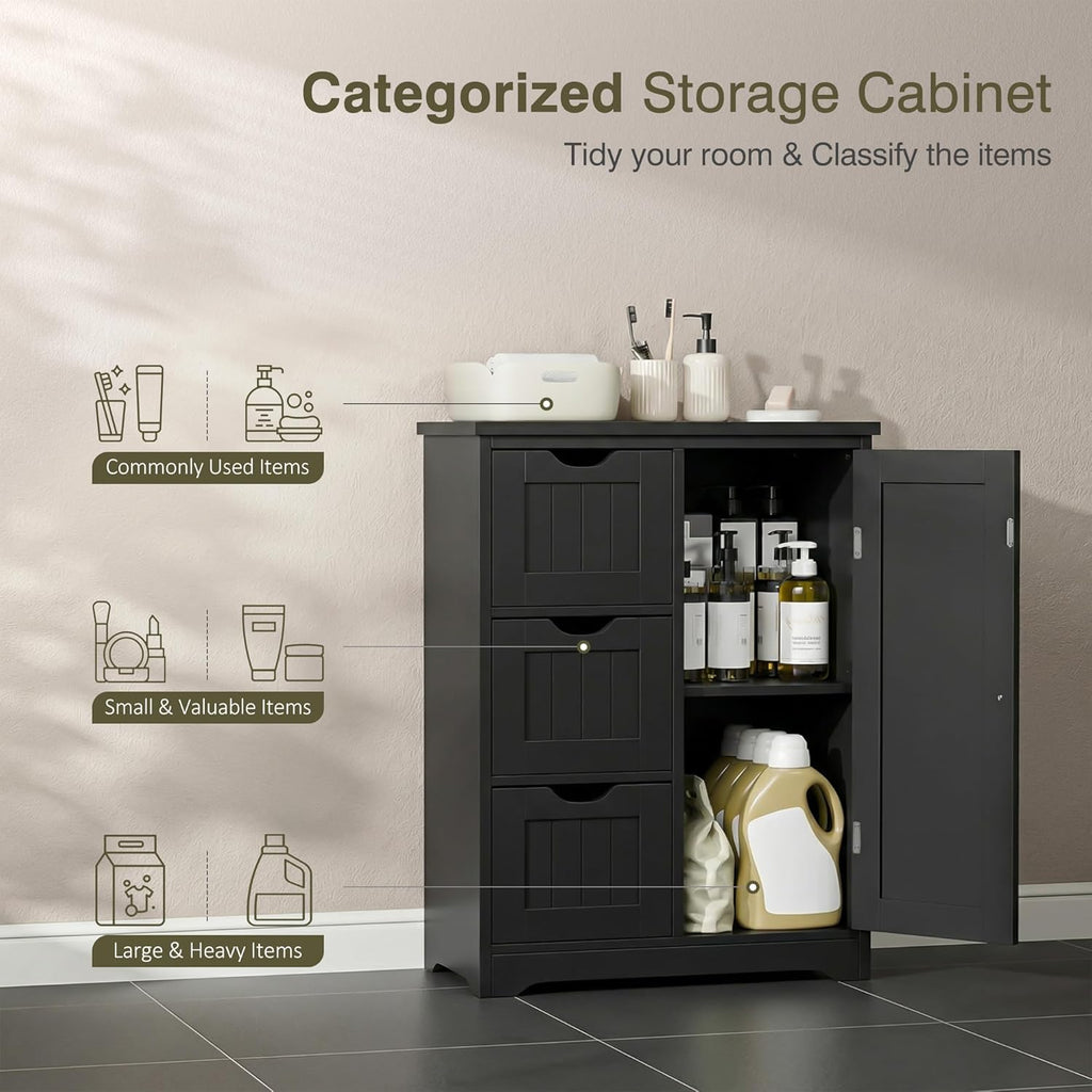 JupiterForce Wooden Bathroom Floor Storage Cabinet, Freestanding Storage Cabinet with 4 Drawers and 1 Door Entryway Storage Oragnizer Unit for Bathroom, Living Room (3 Drawers, Black)