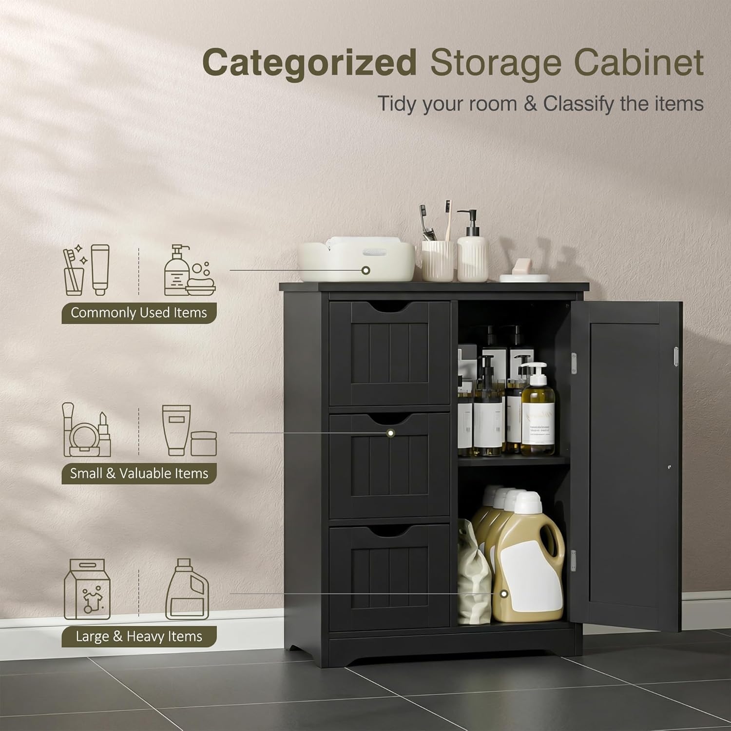 JupiterForce Wooden Bathroom Floor Storage Cabinet, Freestanding Storage Cabinet with 4 Drawers and 1 Door Entryway Storage Oragnizer Unit for Bathroom, Living Room (3 Drawers, Black)