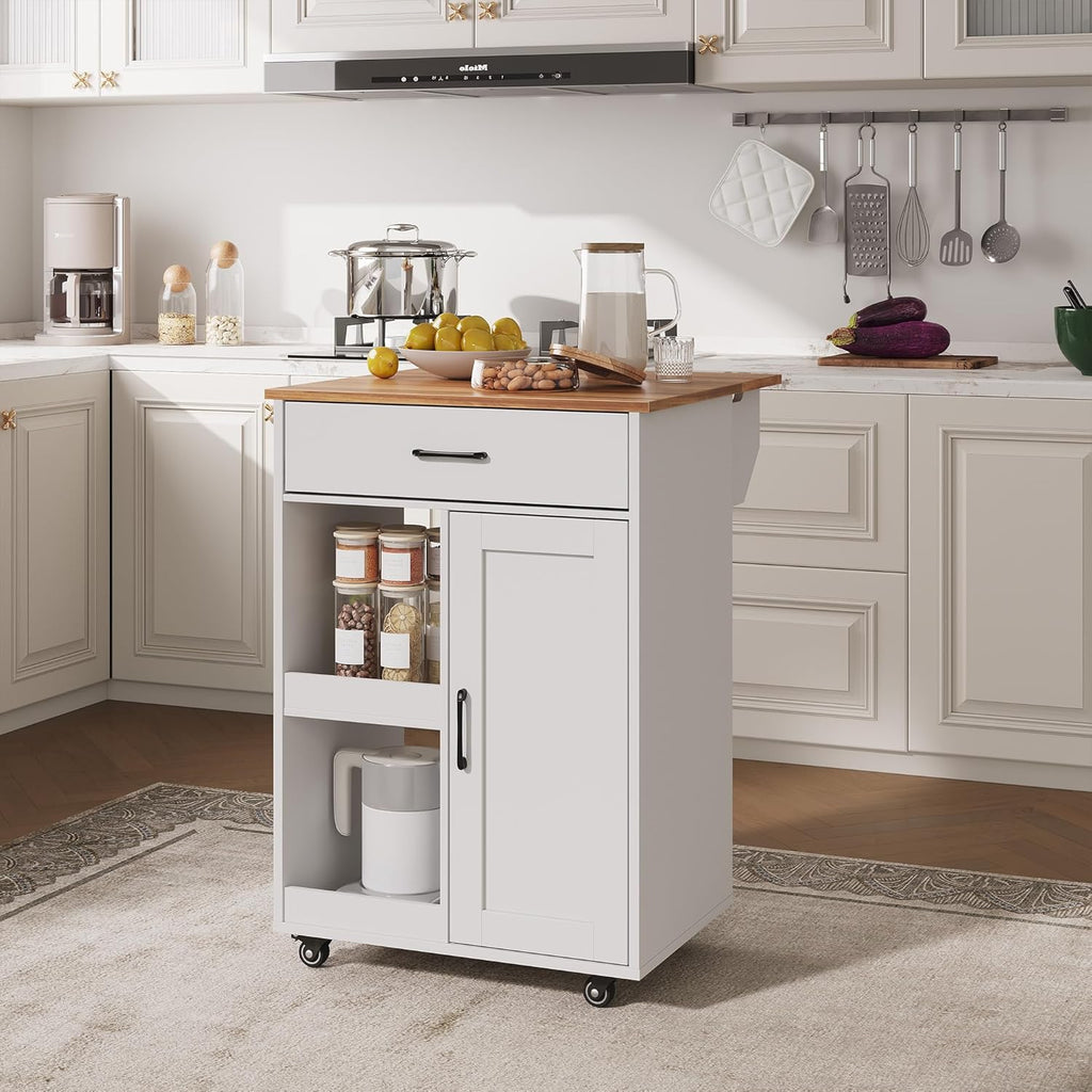 GarveeHome Kitchen Island on Wheels with Storage-Multifunctional Kitchen Island Cart with Drop Leaf, Rolling Island with Spice/Towel Rack,Expandable Island Table Kitchen,23.7" Width