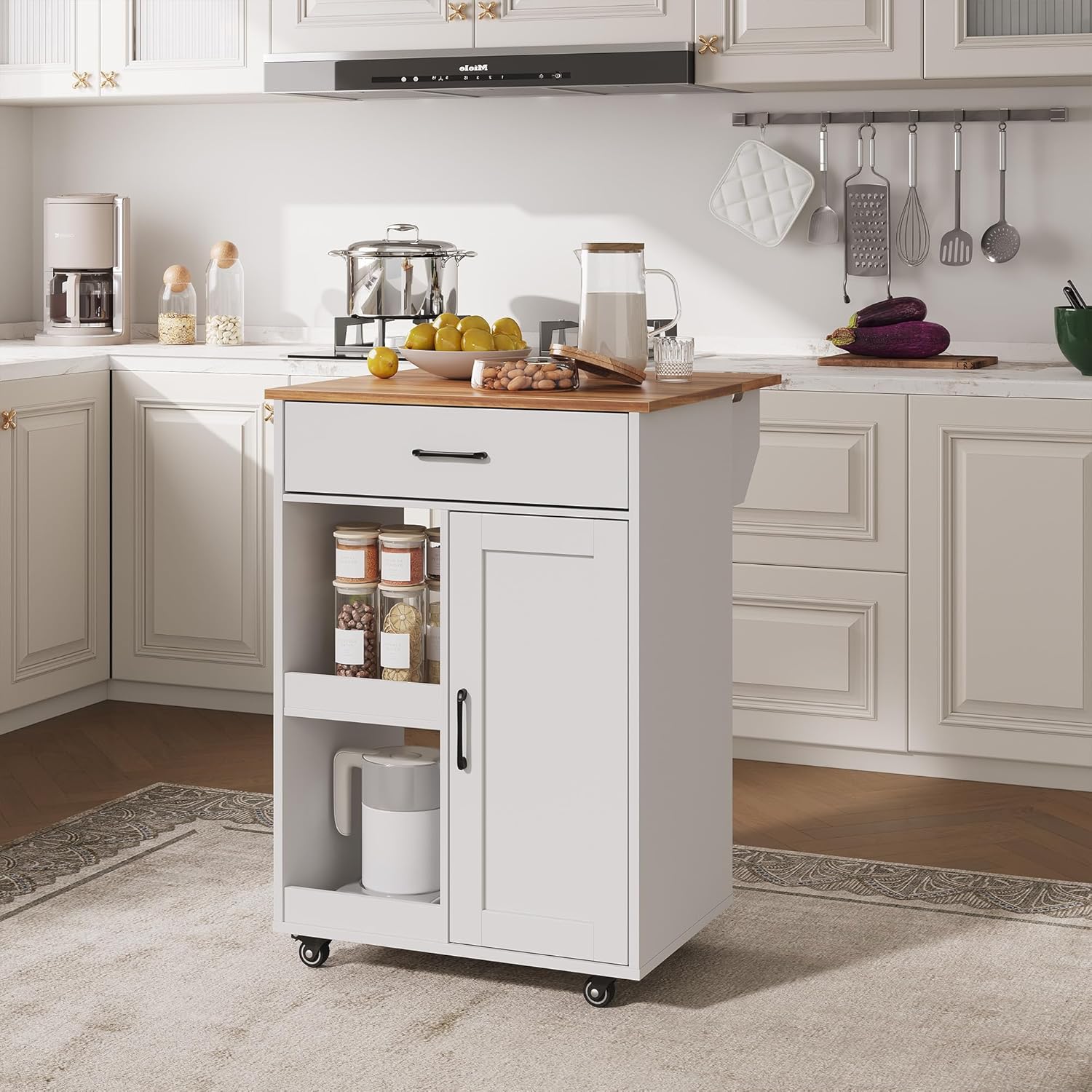 GarveeHome Kitchen Island on Wheels with Storage-Multifunctional Kitchen Island Cart with Drop Leaf, Rolling Island with Spice/Towel Rack,Expandable Island Table Kitchen,23.7" Width