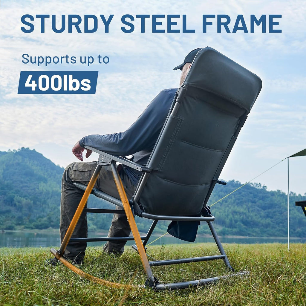 Timber Ridge Oversized Folding Rocking Camping Chair, Padded Outdoor Rocker with High Back, Portable Outdoor Chair for Patio, Garden, Lawn, Supports up to 400 lbs, Blue