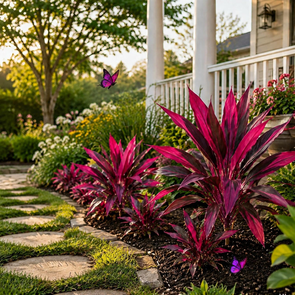 Large Realistic Artificial Boston Fern & Dragon's Blood Tree Artificial Turf UV Resistant Red Fern Ti Plants Vibrant Pink & Purple Faux Foliage Faux Fake Ferns Shrubs Outdoor Garden Decor