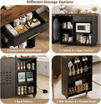 HSH 71” Rolling Kitchen Island with Storage Seating on Wheels, Rustic Brown | Mobile Island Cart With 360° Swivel Tabletop, With Power Outlet, Storage Cabinet, Open Adjustable Shelves Fit In Microwave