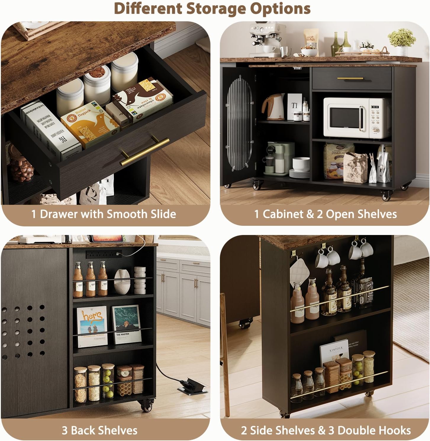 HSH 71” Rolling Kitchen Island with Storage Seating on Wheels, Rustic Brown | Mobile Island Cart With 360° Swivel Tabletop, With Power Outlet, Storage Cabinet, Open Adjustable Shelves Fit In Microwave