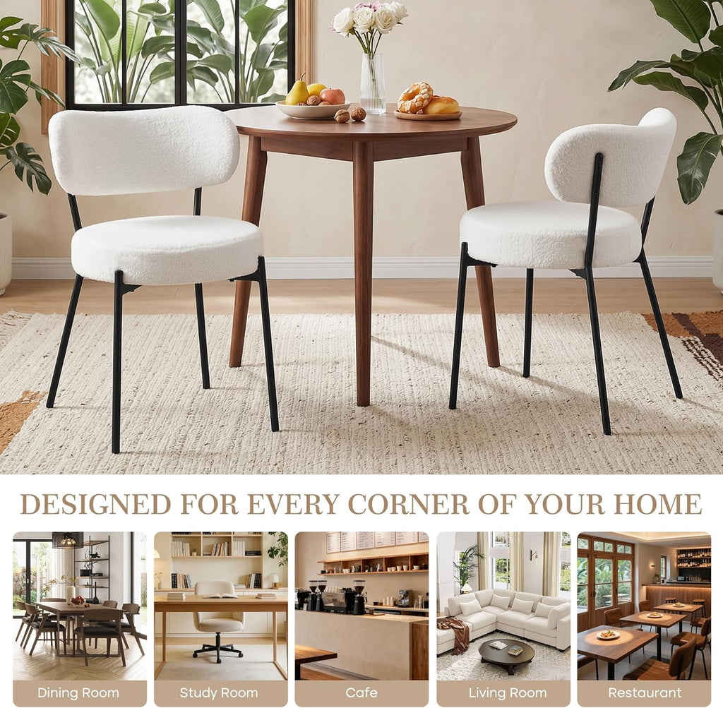 VECELO Dining Chairs Set of 4, Modern Mid Century Upholstered Kitchen Chairs with Curved Backrest and Black Metal Legs, for Kitchen, Dining Room, Living Room, White
