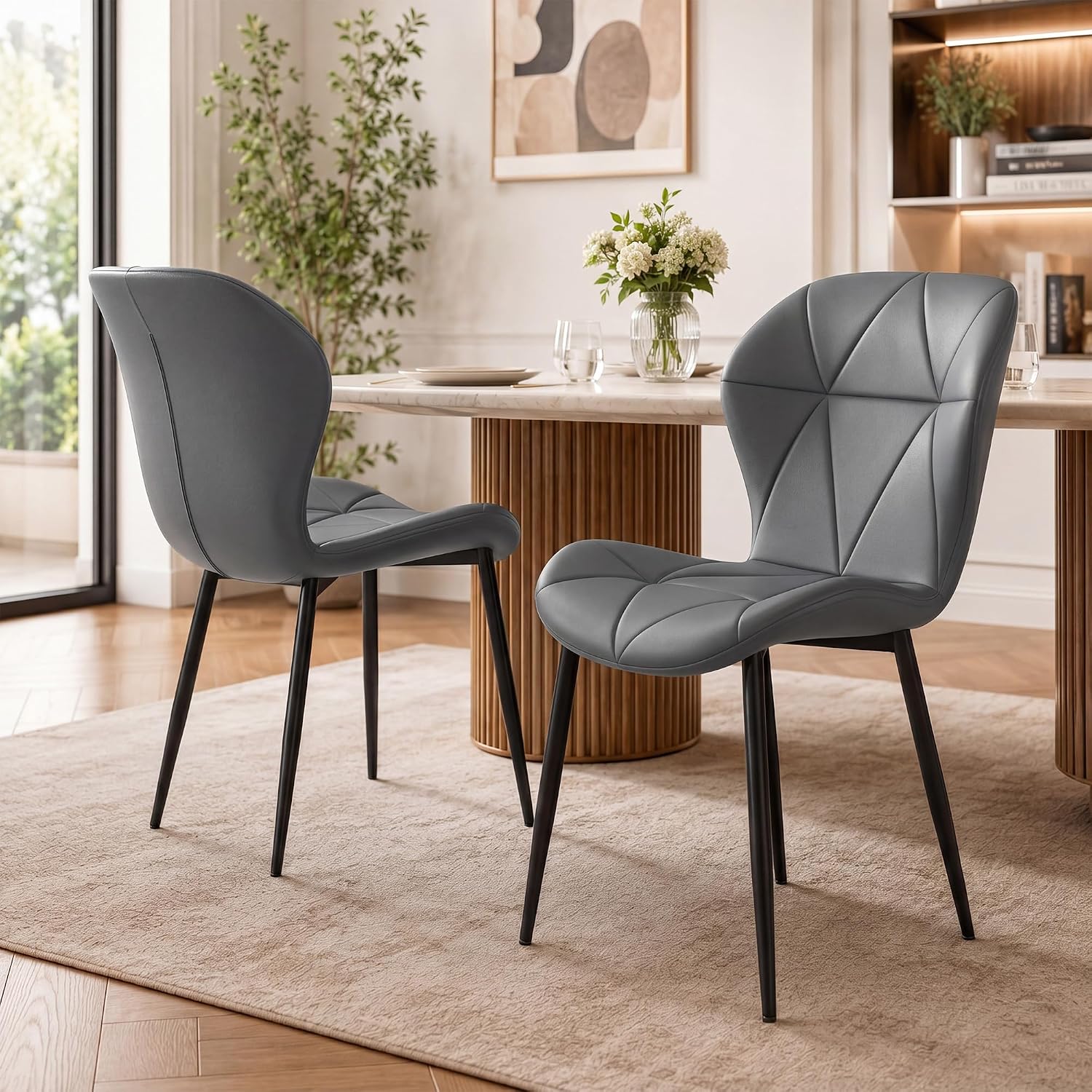 Dining Chairs, Modern Dining Room Chair Diamond Leather with Wooden and Metal Frame, Set of 2 (Gray)