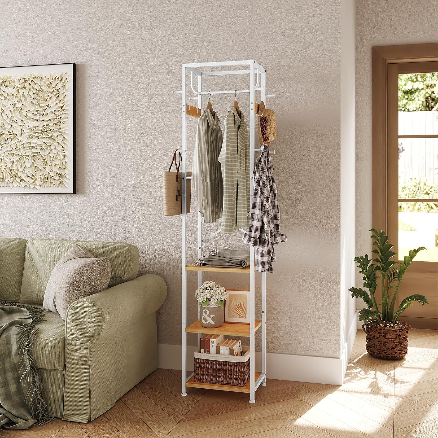 ELYKEN Coat Rack Freestanding, Hall Tree with 3 Storage Shelves and 12 Hooks, Industrial Clothes Rack Stand Organizer for Bedroom, Hallway, Entryway, Office, Living Room