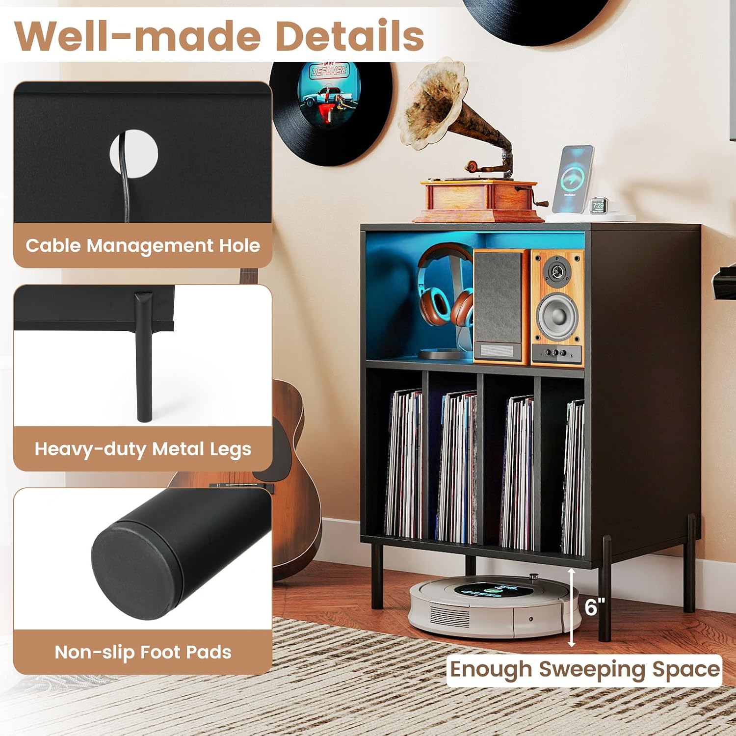 Giantex Record Player Stand with LED Lights & Charging Station, Turntable Stand with Record Holder, Record Player Table with Metal Legs, Vinyl Record Storage for Living Room, Music Room, Black