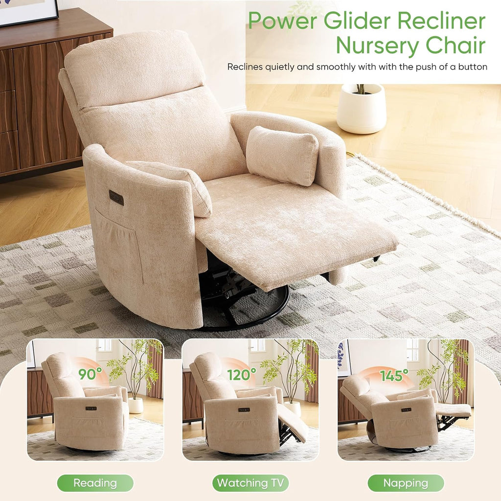 Oversized Power Recliner with Massage and Heat, Swivel Rocker Recliner with Adjustable Headrest, Glider Recliner Nursery Chair with 2 Pillows, rocking nursery recliner for Living Room,Chenille Beige