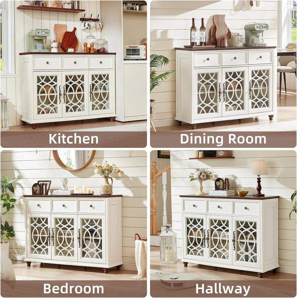 Joaxswe Farmhouse Sideboard Buffet Cabinet with Storage,48" Large Credenza with 3 Glass Doors & 3 Drawers,Adjustable Shelves Console Table,Wood Kitchen Coffee Bar for Dining Room,Living Room,White