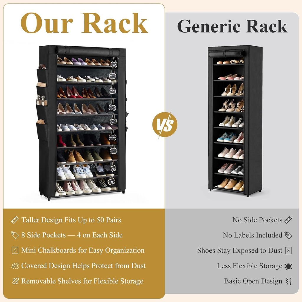 RevoHome Shoe Rack with Cover, 10 Tier Shoe Organizer for Closet, Holds 50 Pairs, Vertical Space Saving Shoe Storage Shelf with 8 Side Pockets & Chalkboard Labels for Entryway, Bedroom, Dorm