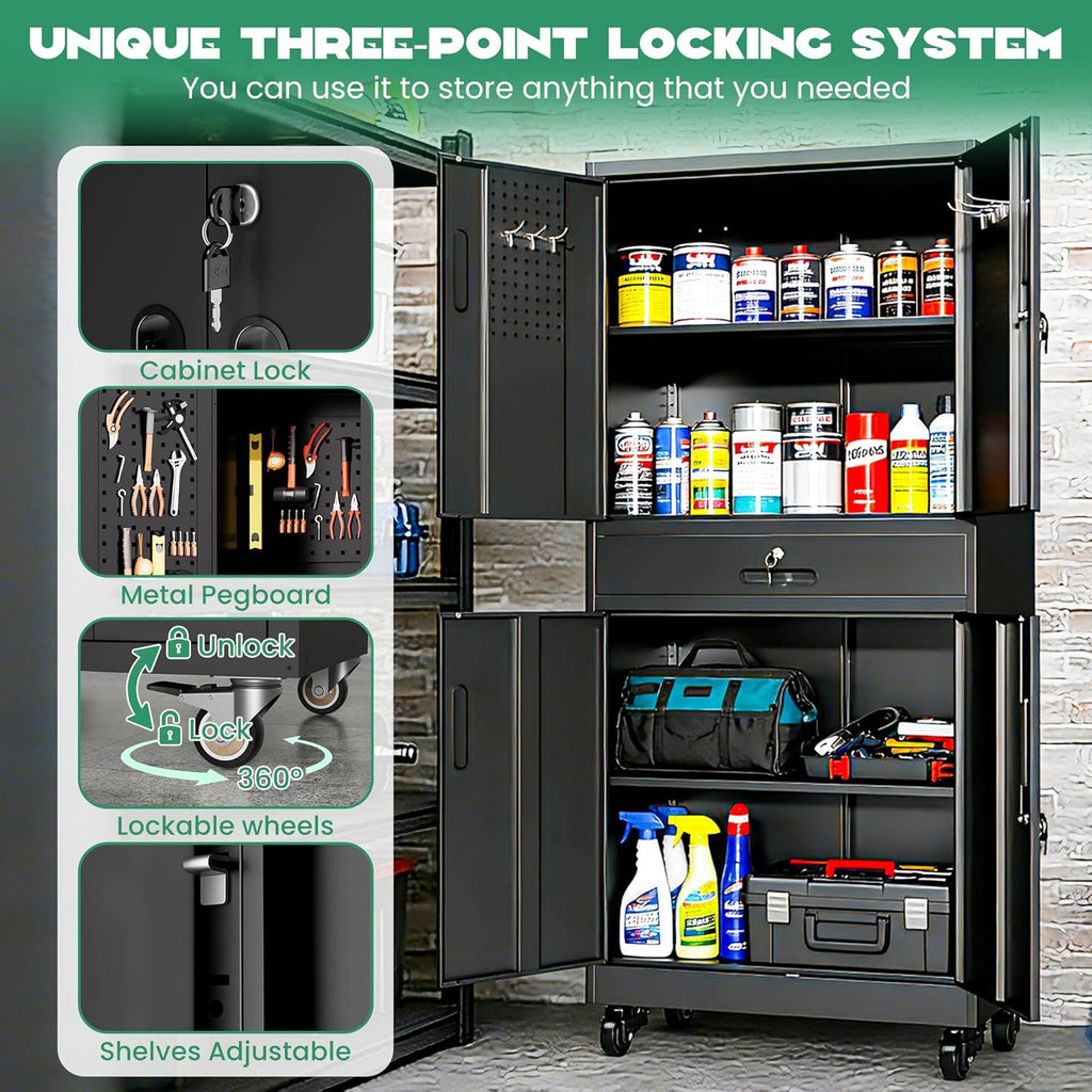 Rolling Tool Cabinet with Pegboard and Drawer, 71" Tool Cabinets with 2 Adjustable Shelves for Garage, Tool Room, Assembly Required(Black)